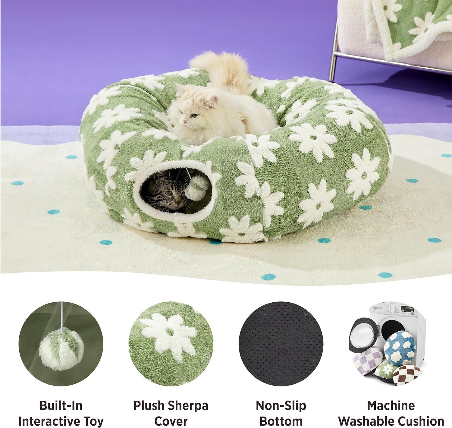 2-in-1 Plush Donut Cat Tunnel Bed, Checkered Pattern Pet Cave with Interactive Hanging Ball, Non-Slip Bottom, Foldable Design for Indoor Cats and Kittens (Blue)