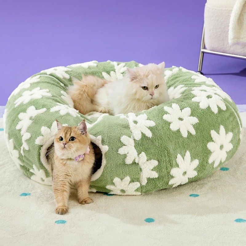 2-in-1 Plush Donut Cat Tunnel Bed, Checkered Pattern Pet Cave with Interactive Hanging Ball, Non-Slip Bottom, Foldable Design for Indoor Cats and Kittens (Coffee)