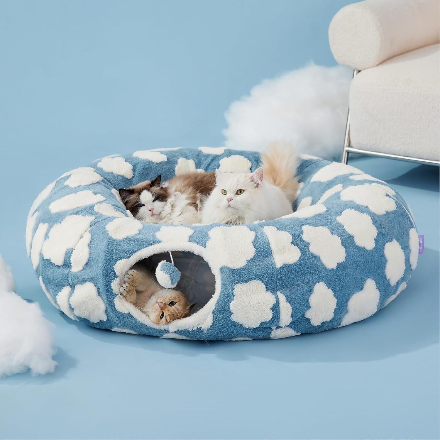 2-in-1 Plush Donut Cat Tunnel Bed, Checkered Pattern Pet Cave with Interactive Hanging Ball, Non-Slip Bottom, Foldable Design for Indoor Cats and Kittens (Purple)