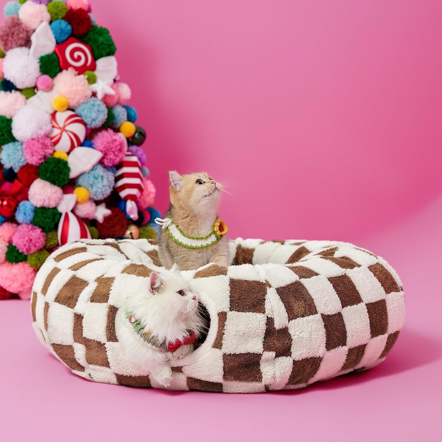 2-in-1 Plush Donut Cat Tunnel Bed, Checkered Pattern Pet Cave with Interactive Hanging Ball, Non-Slip Bottom, Foldable Design for Indoor Cats and Kittens (Purple)