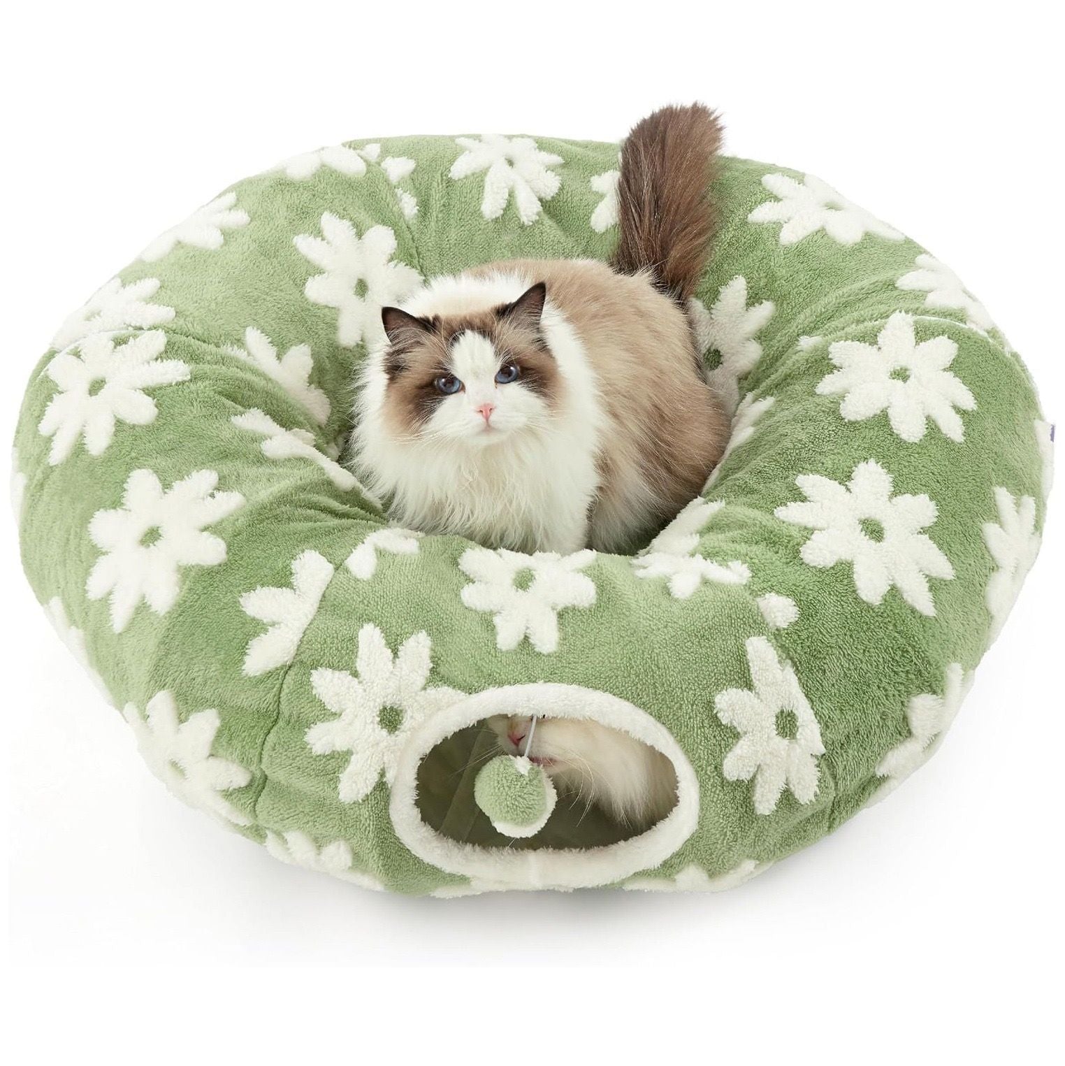 2-in-1 Plush Donut Cat Tunnel Bed, Checkered Pattern Pet Cave with Interactive Hanging Ball, Non-Slip Bottom, Foldable Design for Indoor Cats and Kittens (Purple)