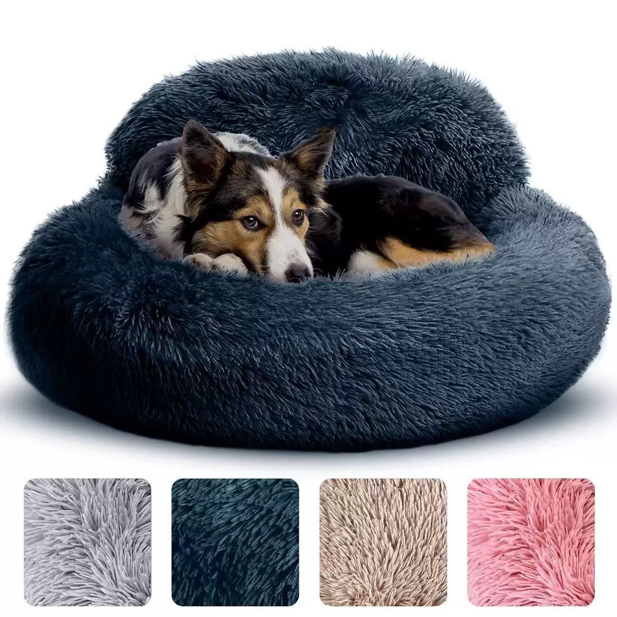Cozy Plush Donut Pet Bed with Raised Rim, Washable Faux Fur Cat & Dog Couch, Winter Warm Supportive Nest for Small to Large Breeds (L, Navy)