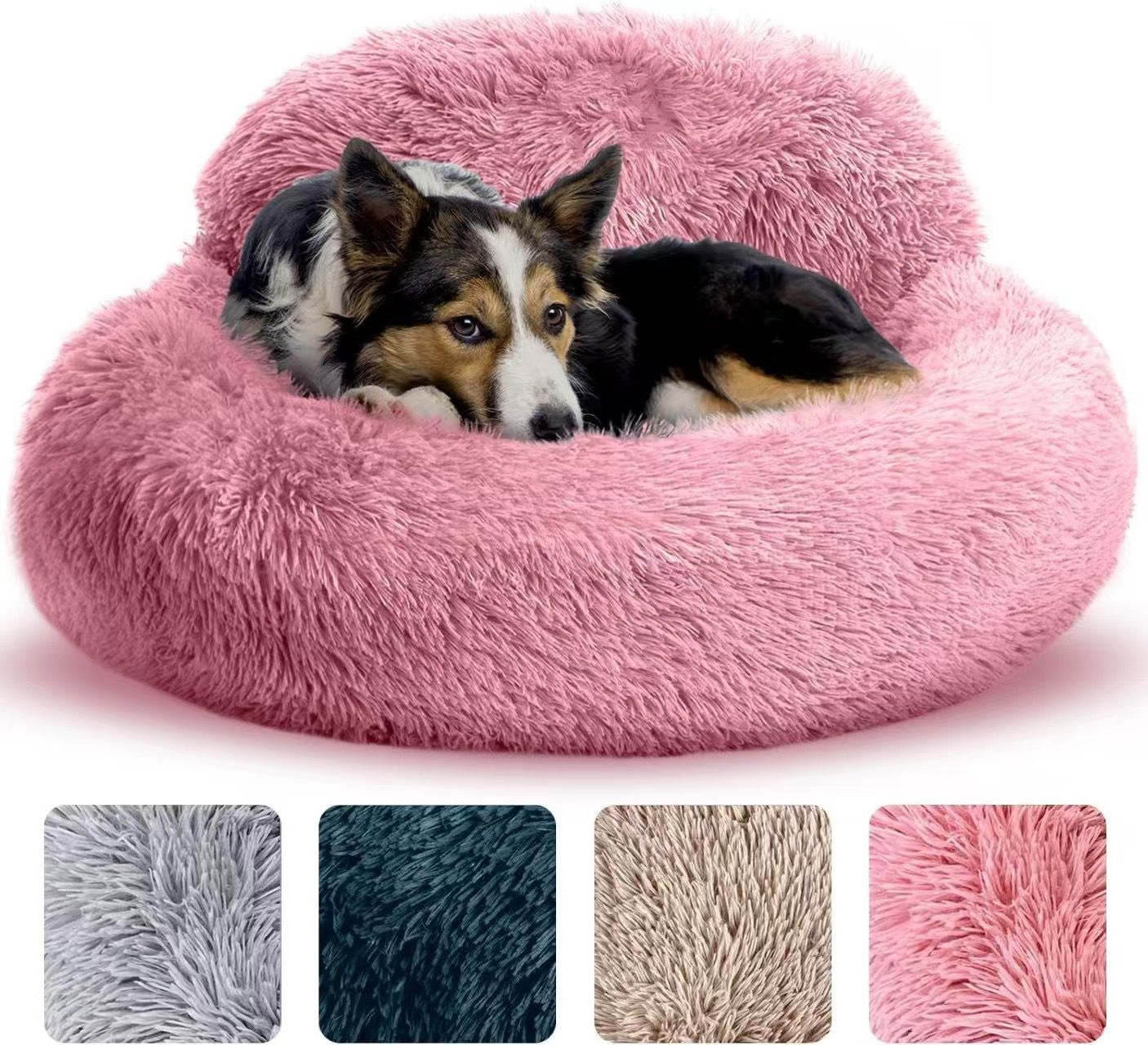 Cozy Plush Donut Pet Bed with Raised Rim, Washable Faux Fur Cat & Dog Couch, Winter Warm Supportive Nest for Small to Large Breeds (L, Silver)