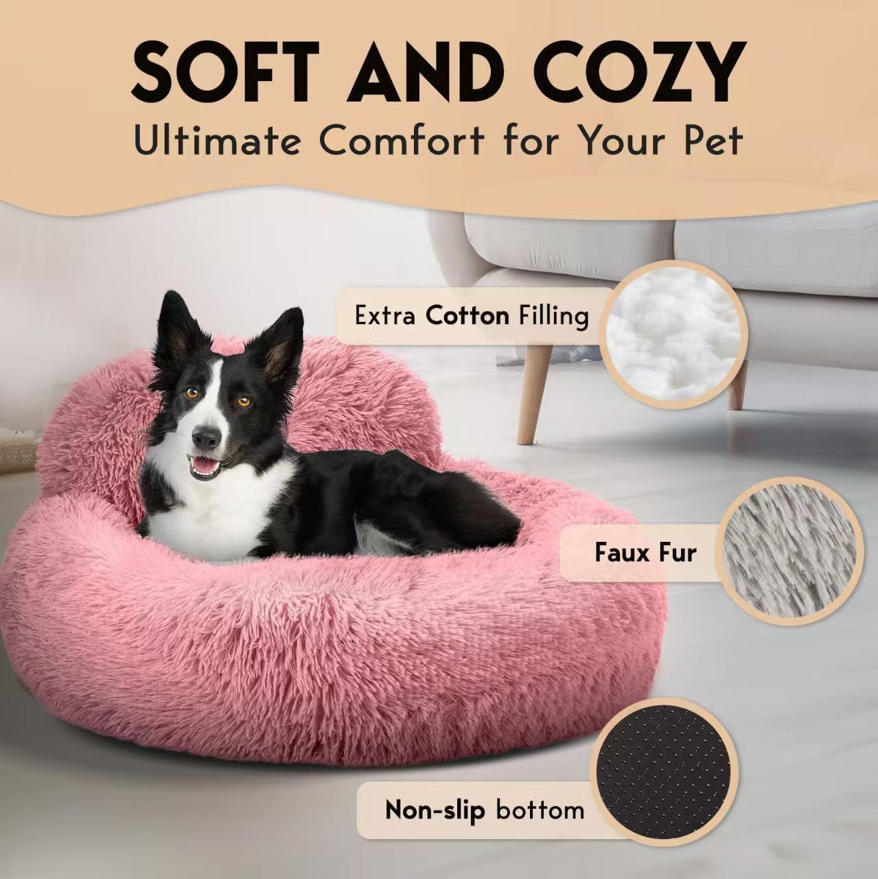 Cozy Plush Donut Pet Bed with Raised Rim, Washable Faux Fur Cat & Dog Couch, Winter Warm Supportive Nest for Small to Large Breeds (L, Silver)