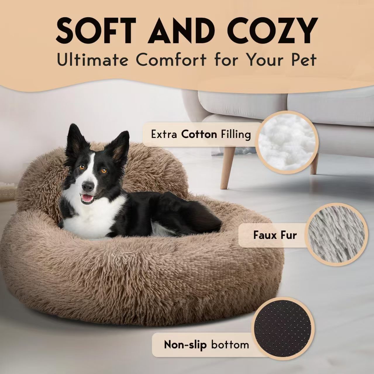 Cozy Plush Donut Pet Bed with Raised Rim, Washable Faux Fur Cat & Dog Couch, Winter Warm Supportive Nest for Small to Large Breeds (M, Navy)
