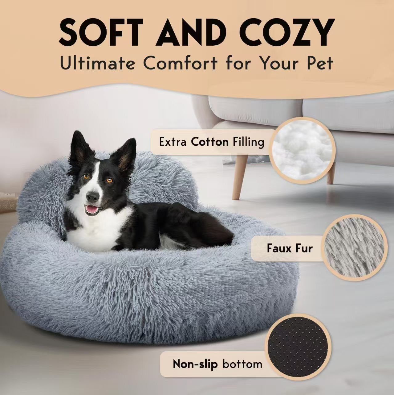 Cozy Plush Donut Pet Bed with Raised Rim, Washable Faux Fur Cat & Dog Couch, Winter Warm Supportive Nest for Small to Large Breeds (M, Navy)