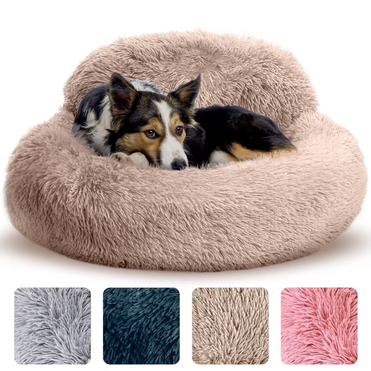 Cozy Plush Donut Pet Bed with Raised Rim, Washable Faux Fur Cat & Dog Couch, Winter Warm Supportive Nest for Small to Large Breeds (M, Navy)