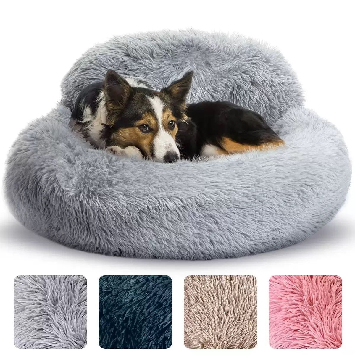 Cozy Plush Donut Pet Bed with Raised Rim, Washable Faux Fur Cat & Dog Couch, Winter Warm Supportive Nest for Small to Large Breeds (M, Navy)