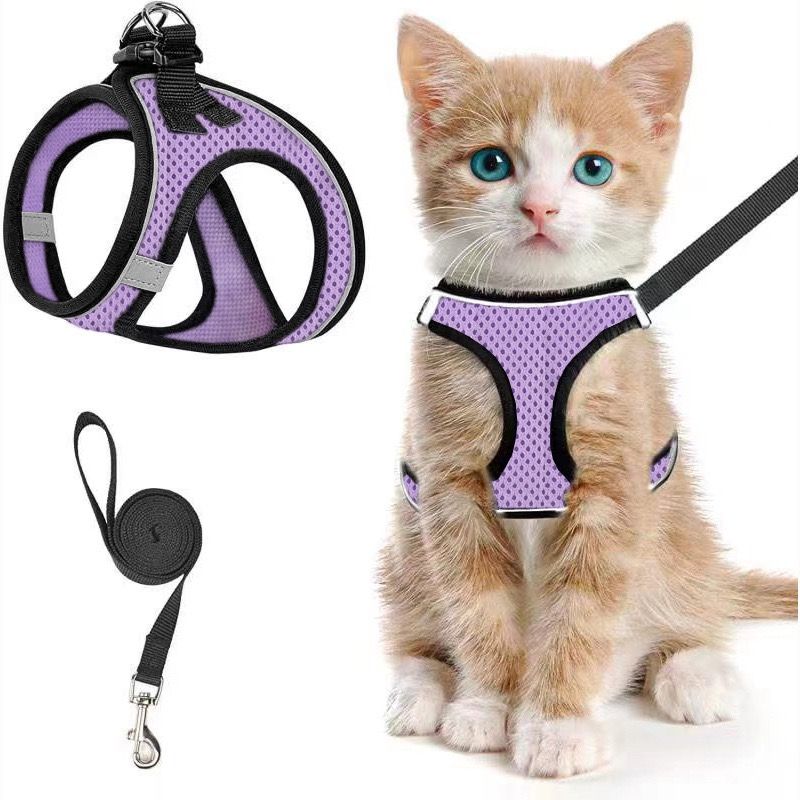 Escape-Proof Cat Harness and Leash Set with Reflective Soft Mesh Vest for Safe Outdoor Adventures with Your Feline Friend (M, Purple)