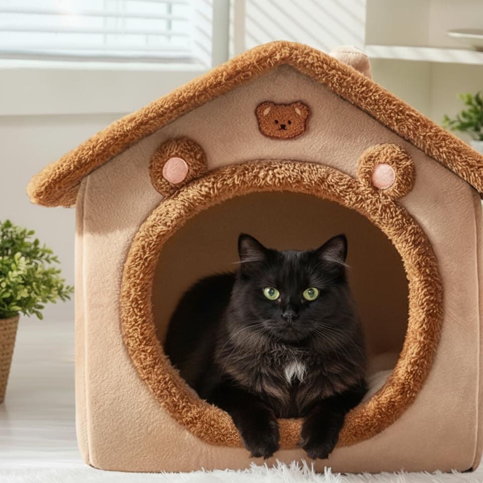 Cozy Pet Cave Bed for Cats and Small Dogs – Soft, Warm, and Washable Faux Fur Nest with Removable Cushion, Perfect Winter Sleeping Hut for Your Furry Friend’s Comfort and Safety (L)