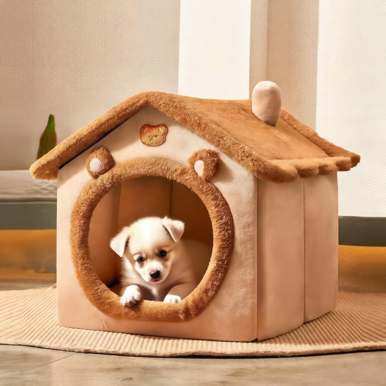 Cozy Pet Cave Bed for Cats and Small Dogs – Soft, Warm, and Washable Faux Fur Nest with Removable Cushion, Perfect Winter Sleeping Hut for Your Furry Friend’s Comfort and Safety (S)
