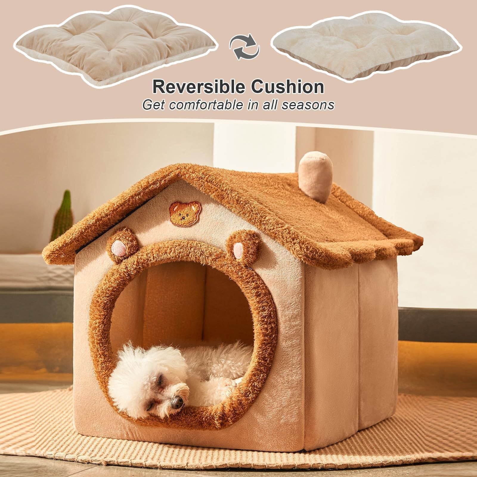 Cozy Pet Cave Bed for Cats and Small Dogs – Soft, Warm, and Washable Faux Fur Nest with Removable Cushion, Perfect Winter Sleeping Hut for Your Furry Friend’s Comfort and Safety (S)