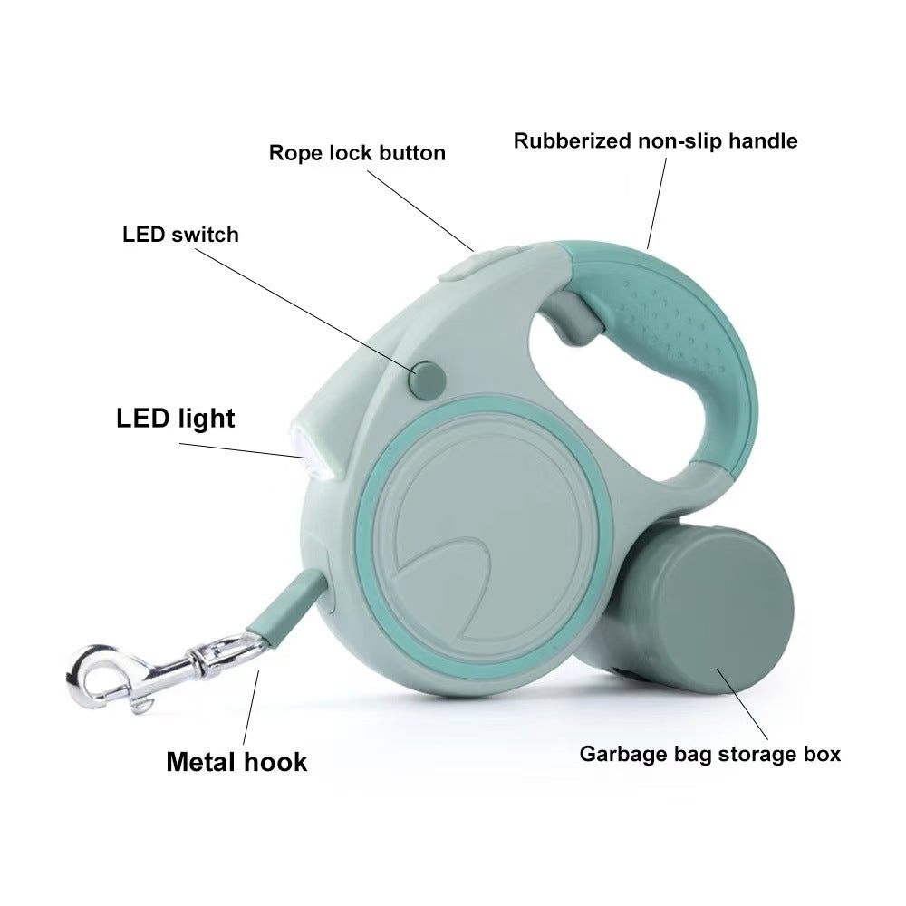 Pink 3M Retractable Dog Leash - Built-in LED Light (No Batteries) and Bag Holder