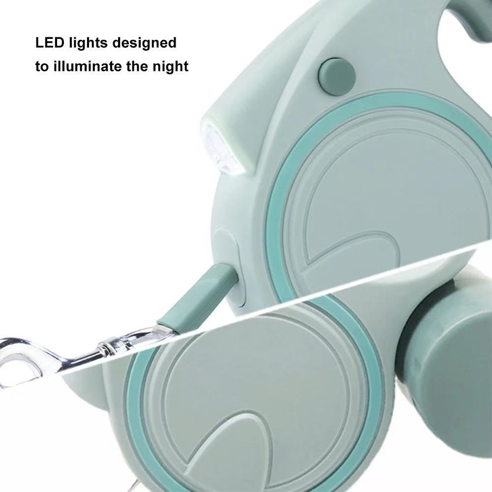 Pink 3M Retractable Dog Leash - Built-in LED Light (No Batteries) and Bag Holder