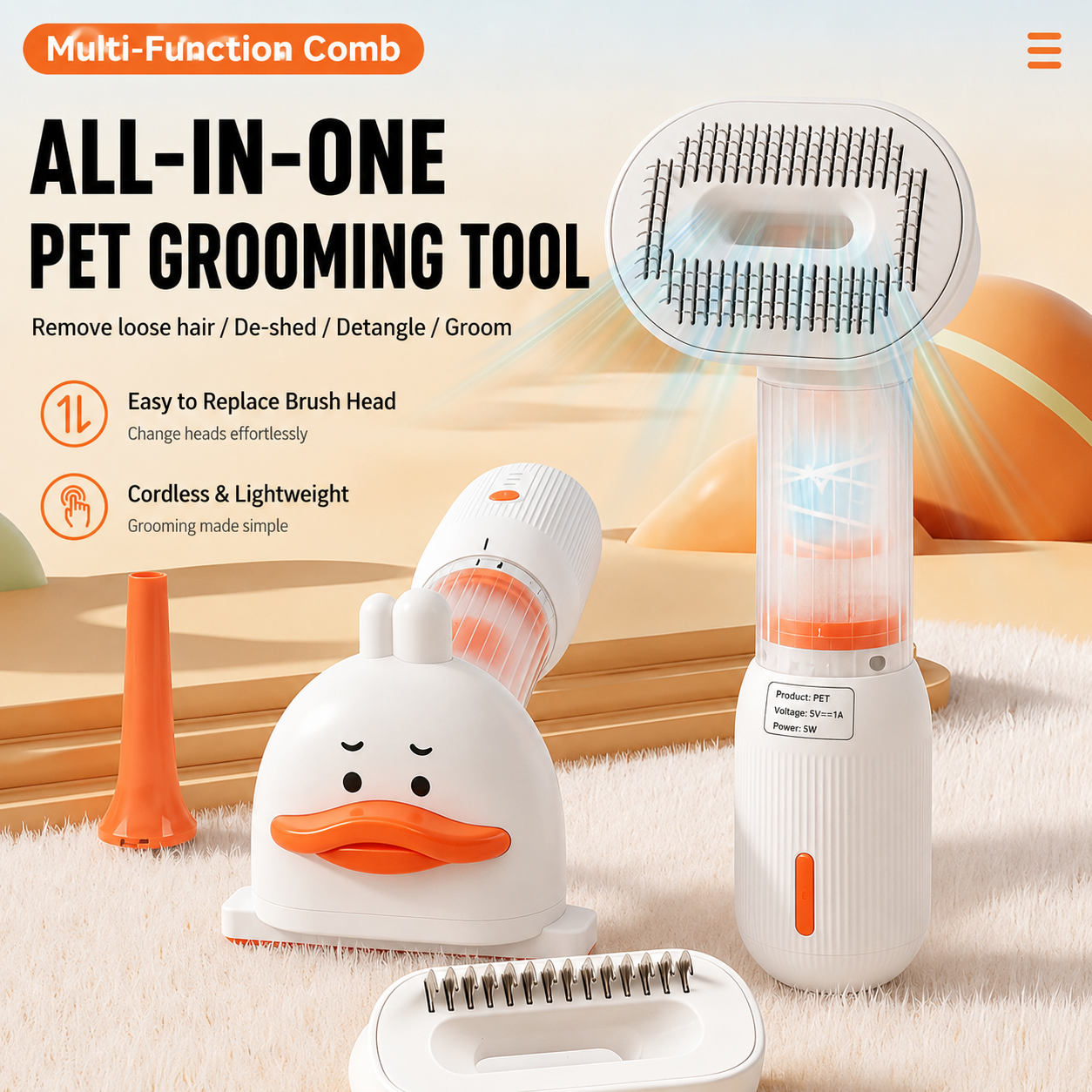 Rechargeable Pet Grooming Vacuum Brush and Hair Deshedding Curved Pin Comb & Removable Collection Chamber, 4-in-1 Self-Cleaning  Brush, Detangling Rake,  for Cats and Dogs