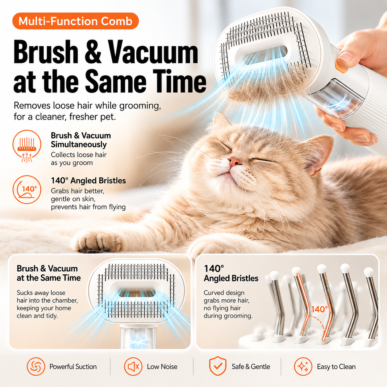Rechargeable Pet Grooming Vacuum Brush and Hair Deshedding Curved Pin Comb & Removable Collection Chamber, 4-in-1 Self-Cleaning  Brush, Detangling Rake,  for Cats and Dogs