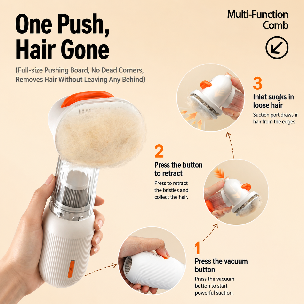Rechargeable Pet Grooming Vacuum Brush and Hair Deshedding Curved Pin Comb & Removable Collection Chamber, 4-in-1 Self-Cleaning  Brush, Detangling Rake,  for Cats and Dogs