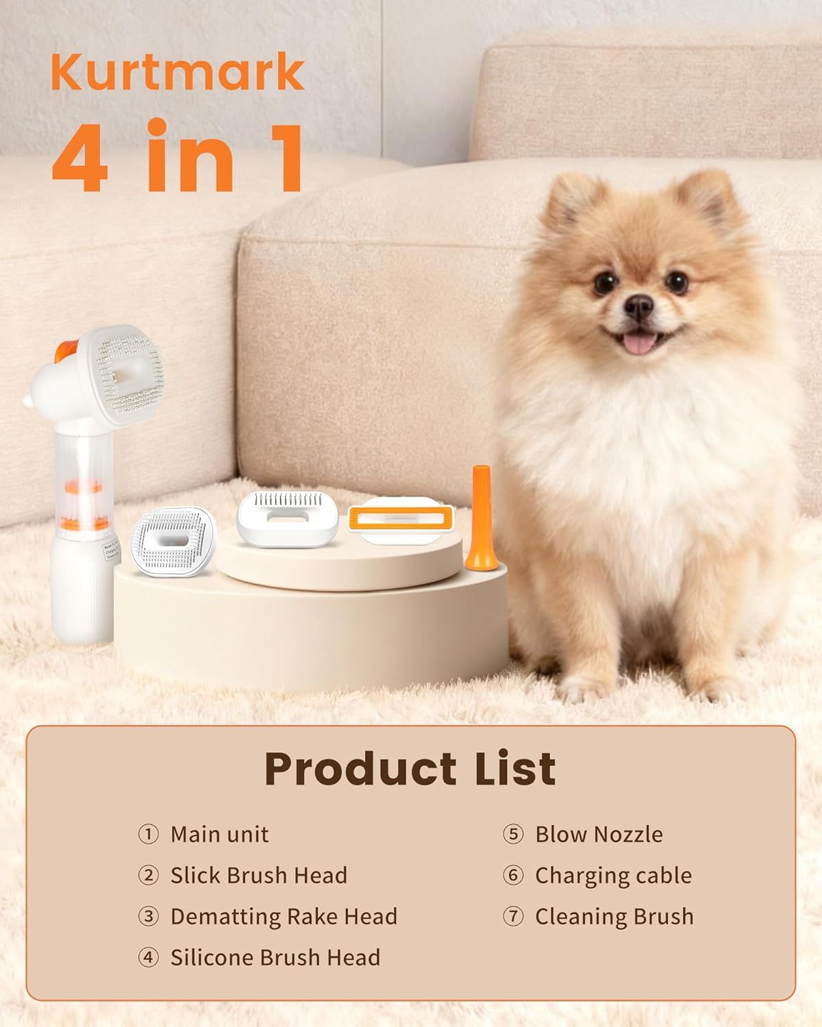 Rechargeable Pet Grooming Vacuum Brush and Hair Deshedding Curved Pin Comb & Removable Collection Chamber, 4-in-1 Self-Cleaning  Brush, Detangling Rake,  for Cats and Dogs