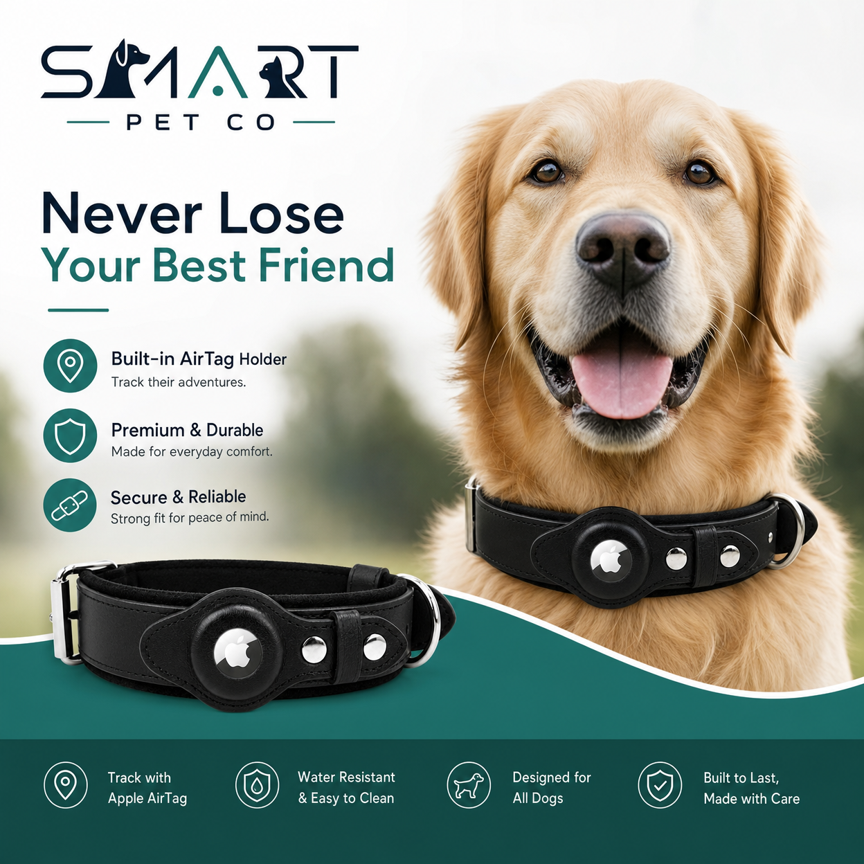 Heavy Duty Black Leather Dog Collar with Airtag Pocket