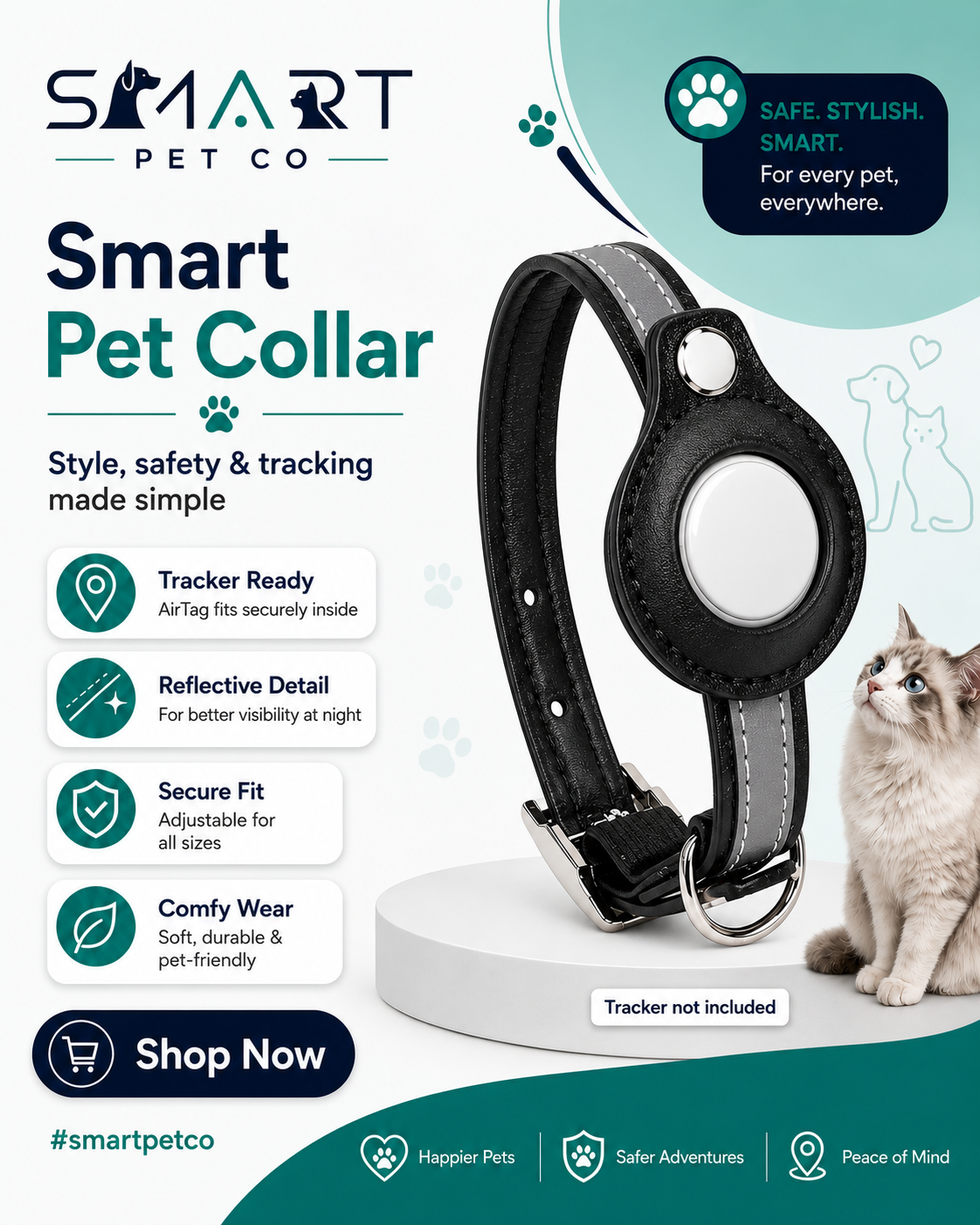 Reflective Leather Cat Collar - Black