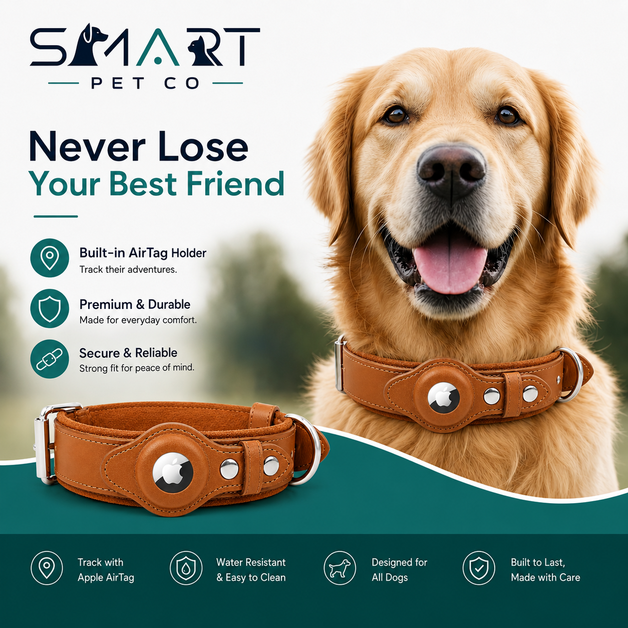 Heavy Duty Leather Dog Collar with Airtag Pocket - Tan