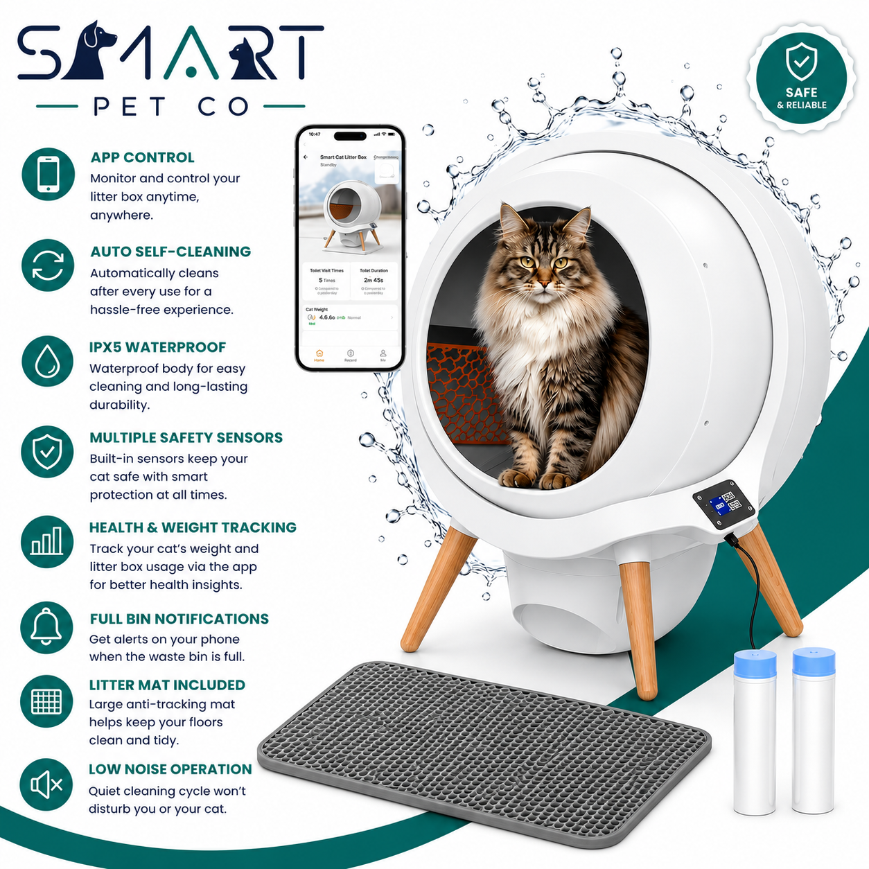 Smart pet product with a cat inside, featuring app control, auto self-cleaning, and waterproof design.