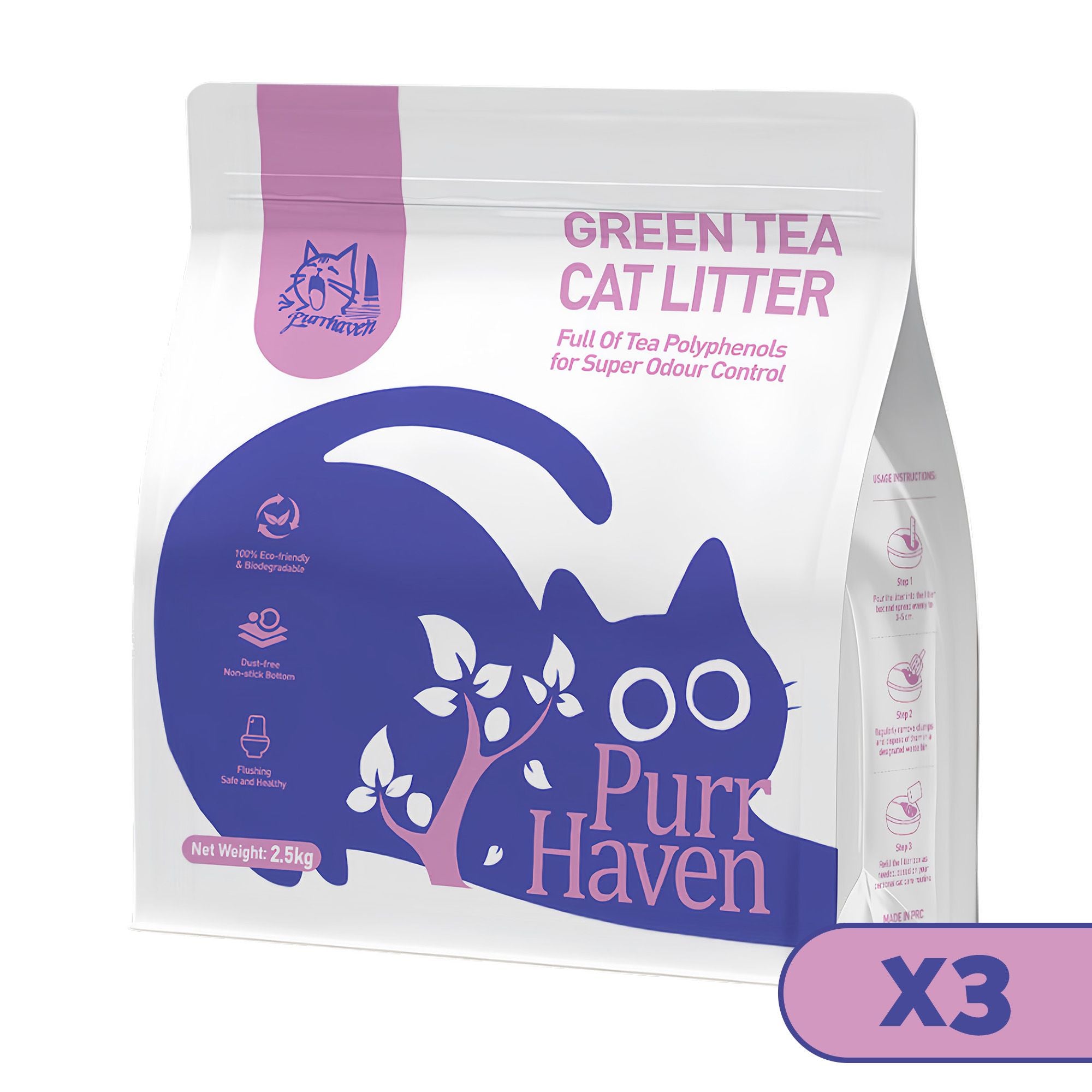 Purr Haven Green Tea Cat Litter packaging with purple and white design