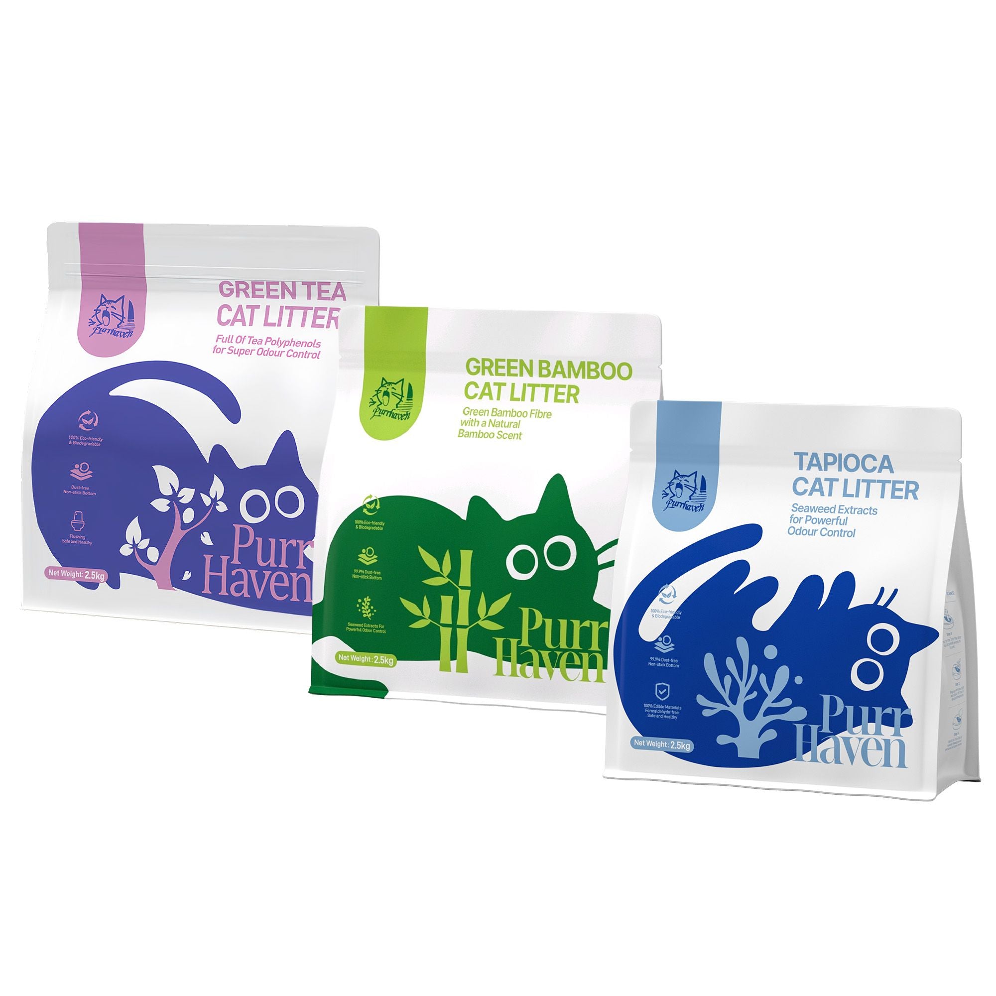 Three packages of Purr Haven cat litter with different scents on a white background
