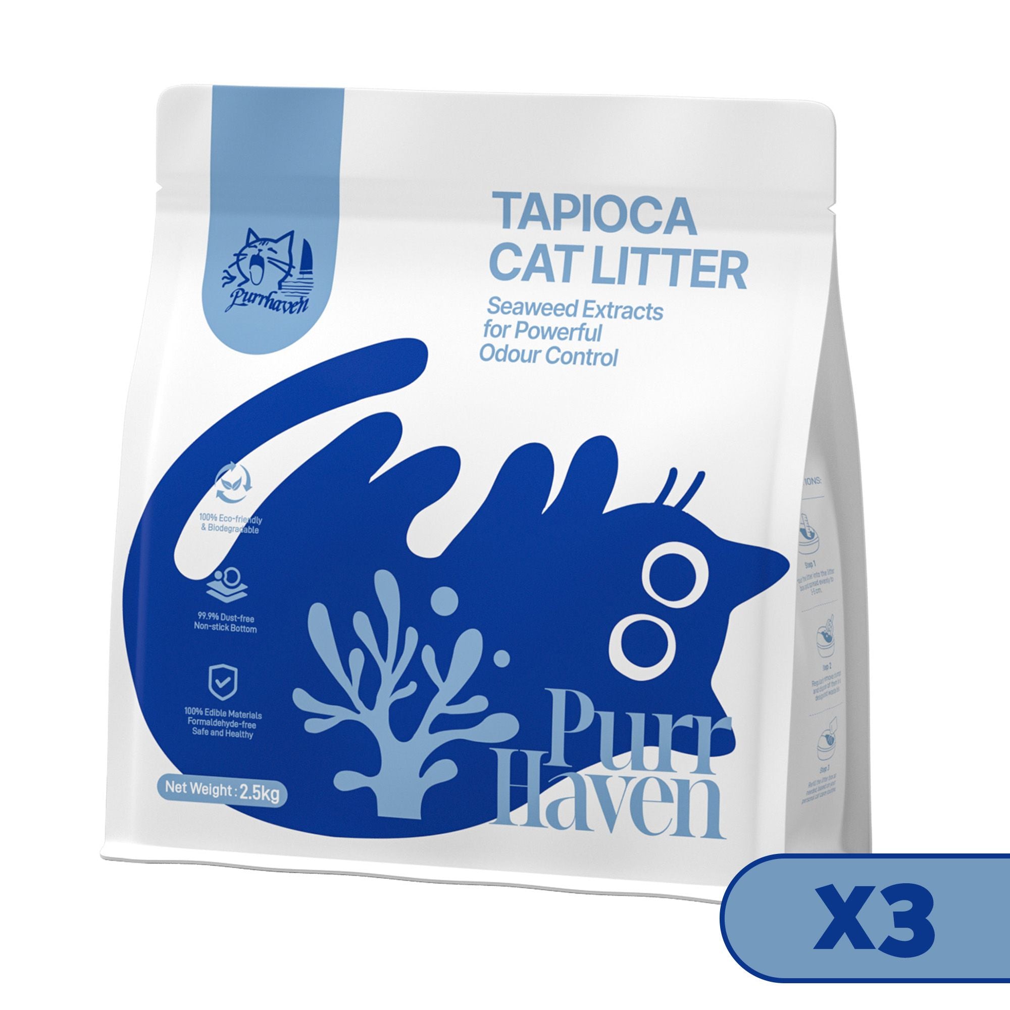 Purr Haven tapioca cat litter package on a white background