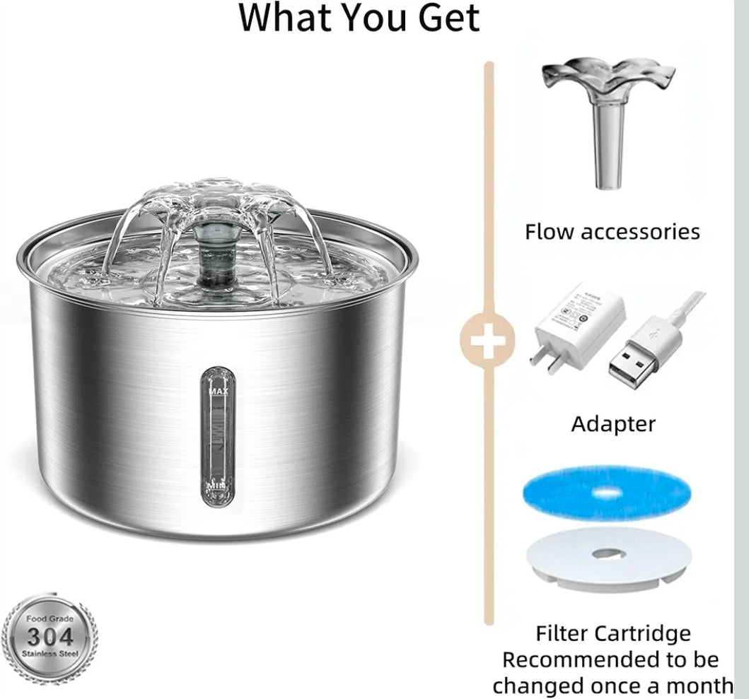 3L Stainless Steel Pet Water Fountain – Ultra-Quiet, 3-Stage Filter & Water Level Window