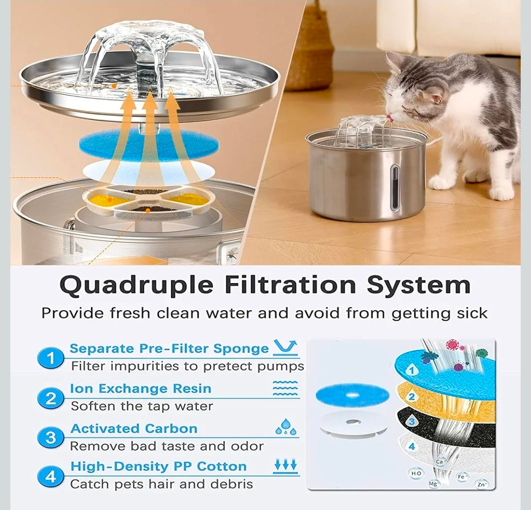 3L Stainless Steel Pet Water Fountain – Ultra-Quiet, 3-Stage Filter & Water Level Window