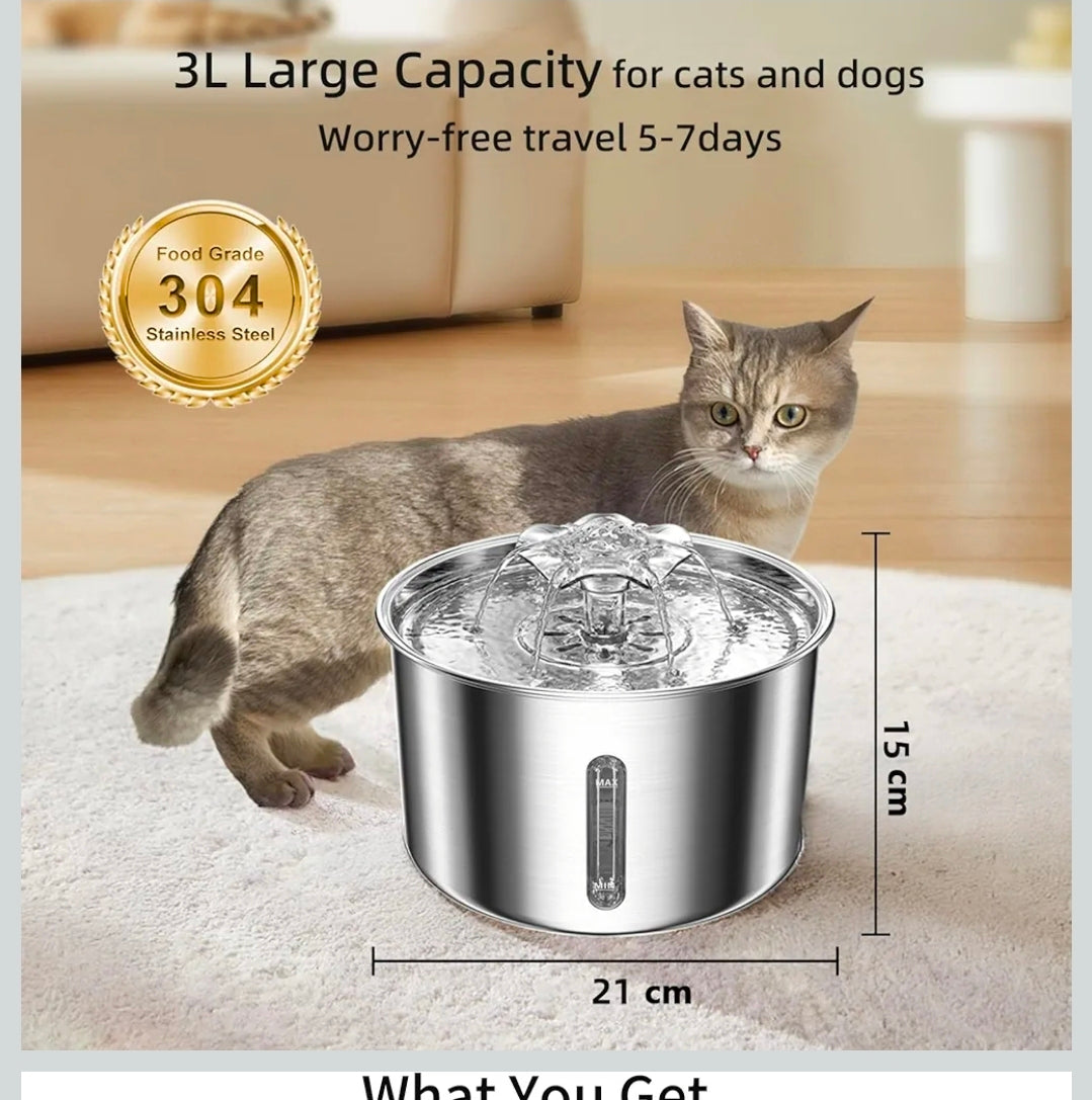 3L Stainless Steel Pet Water Fountain – Ultra-Quiet, 3-Stage Filter & Water Level Window